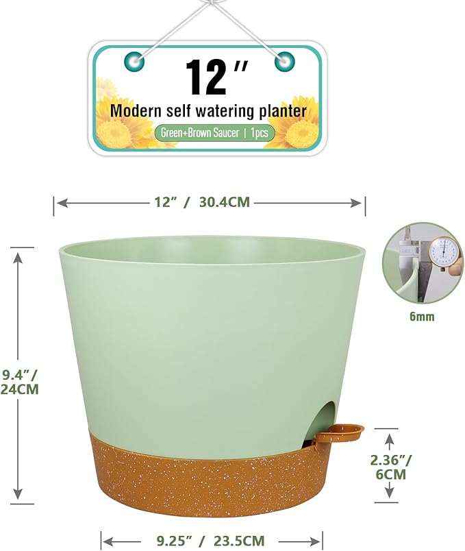 12 inch Large Self Watering Pots for Indoor Outdoor Plants, Flower Plant Pots with Drainage Holes for Garden House Plants, Plastic Planters with Reservoir for Home Plants, Green with Brown-VerdiqueGarden