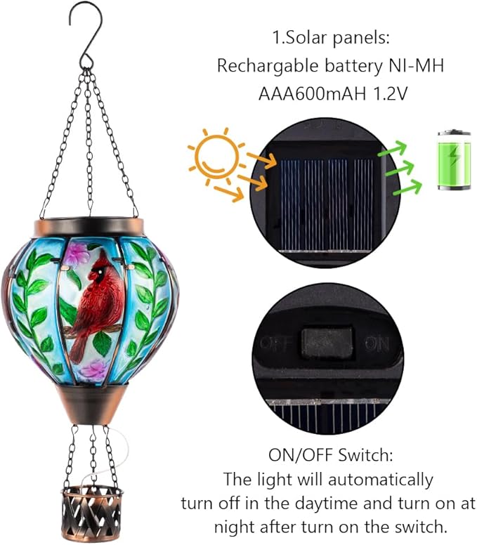 Starsoul Cardinal Hot Air Balloon Solar Flickering Flame with Candle Holder Outdoor Solar Lantern Hot Air Balloon Solar Light Waterproof Hanging Solar Balloon Lamp Garden Patio Yard Decor-VerdiqueGarden