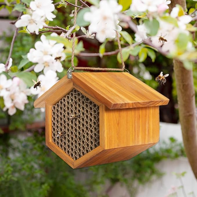 Mason Bee House Wax Coated Bee Hotel, Pollinator House Waterproof, Natural Handmade Wooden Mason Bee Hotel for Pollinating Bees Garden Supplies-VerdiqueGarden