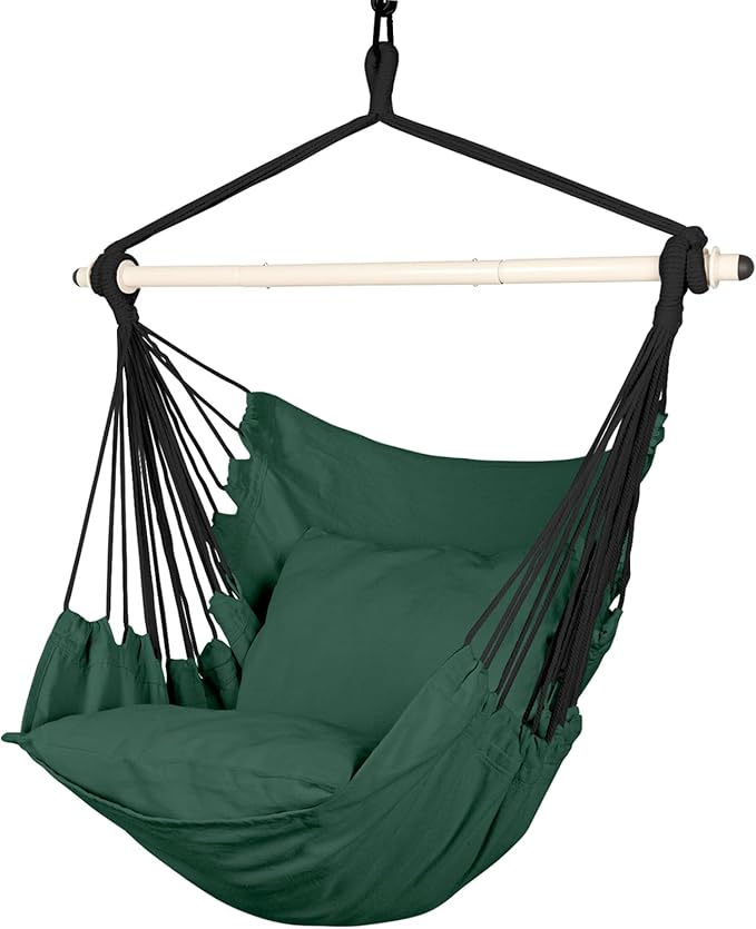 Highwild Hammock Chair Hanging Rope Swing - Max 500 Lbs - 2 Cushions Included - Steel Spreader Bar with Anti-Slip Rings - for Any Indoor or Outdoor Spaces (Green)-VerdiqueGarden
