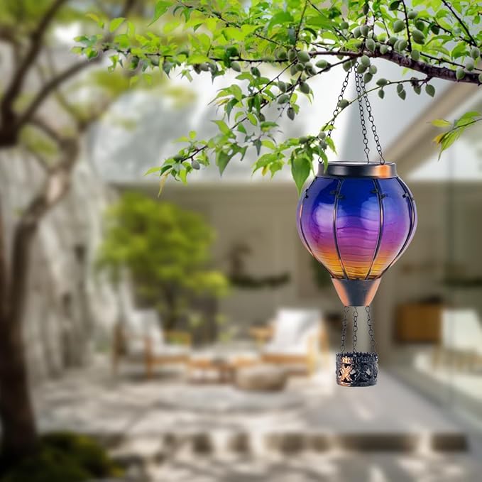 Starsoul 2 PC Starsoul 2 PC Glass Solar Hot Air Balloon Flickering Flame Hanging Garden Light Purple Waterproof Hot Air Balloon Solar Lantern with Large Basket-VerdiqueGarden