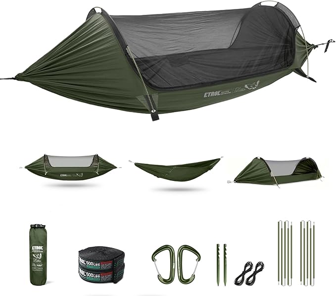 ETROL Camping Hammock with Mosquito Net,3 in 1 Function Parachute Portable Hammock,Double & Single Hammocks Tent for Travel Outdoor Indoor Hiking Patio - with Tree Straps,Carabiners,Aluminium Poles-VerdiqueGarden