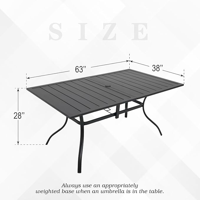 Outdoor Patio Table for 6 Person, Patio Dining Rectangle Table with 1.57" Umbrella Hole for Garden Lawn Backyard Parties, Black Metal Frame 63" L x 38" W x 28" H-VerdiqueGarden