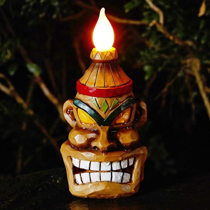 Outdoor Solar Tiki Statue Decor-Tiki Bar Decoration-Torch Tiki Head Statues Outdoor Decorations for Garden,Patio,Yard,Backyard,Lawn,Garden Gift,Garden Tiki Figurine 8.74 Inch Tall-VerdiqueGarden