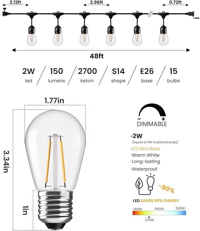Svater 48 FT Outdoor String Lights 2W, Commercial Grade Patio Light with 15 pc Edison Shatterproof Bulbs, IP65 Waterproof LED Hanging Lighting for Bistro Cafe Market Outside Backyard, Warm White 2700K-VerdiqueGarden
