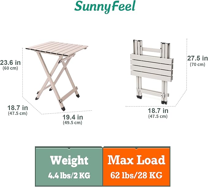 SUNNYFEEL Folding Camping Table - Lightweight Aluminum Portable Picnic Table, 18.5x18.5x24.5 Inch for Cooking, Beach, Hiking, Travel, Fishing, BBQ, Indoor Outdoor Small Foldable Camp Tables-VerdiqueGarden