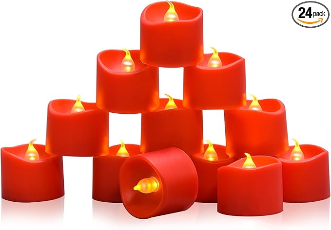 JOSU 24PCS Tea Lights Flameless Candles, Realistic Votive Tealight, Battery Operated Candles with Warm Light for Confession Propose Marriage Wedding Halloween Christmas Home Dinner Party Decor (Red)-VerdiqueGarden