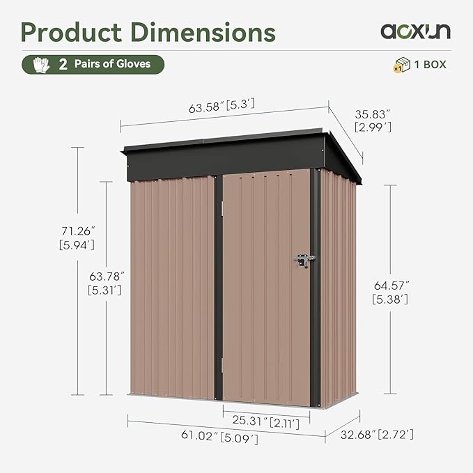 Aoxun 5x3 FT Shed Outdoor Waterproof Storage Shed Metal Garden Shed with Lockable Doors & Slooping Roof for Backyard, Patio, Poolside (Brown)-VerdiqueGarden