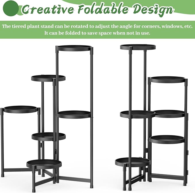 MOKANI Metal Plant Stand Indoor Outdoor for Multiple Plants, 6 Tiered Folding Corner Shelf Tall Flower Pot Holder Display Rack for Patio Living Room Balcony Garden, Black-VerdiqueGarden