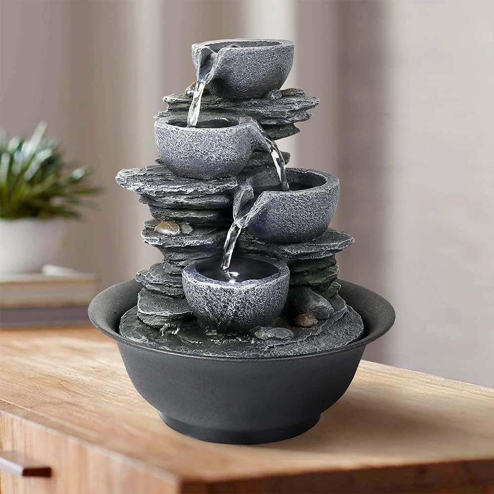 10.6inch Rock Indoor Water Fountain Zen Meditation Tabletop Fountain with LED Light for Home Office Bedroom-VerdiqueGarden