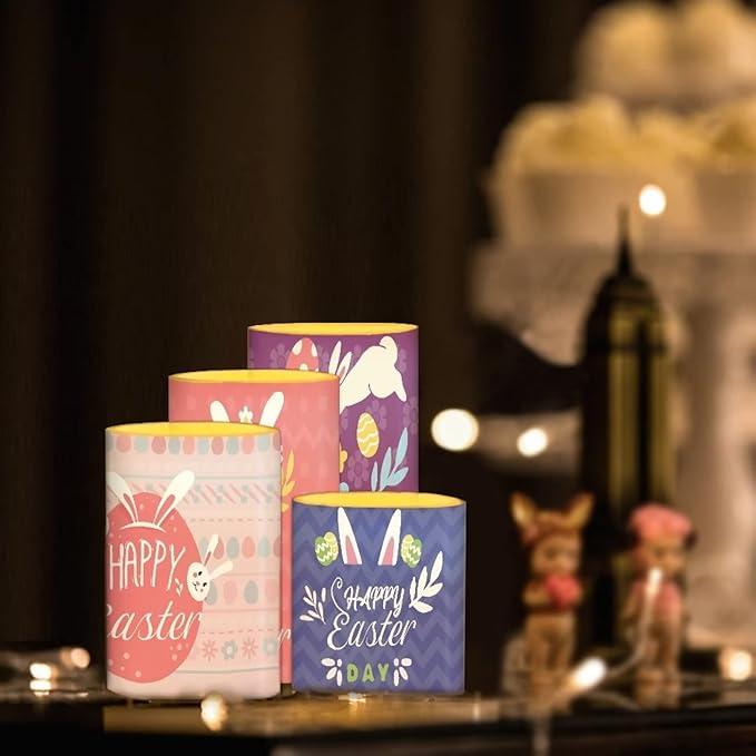 Happy Easter Flameless LED Battery Candles 4PCS Pillar Candles with 18-Key Timer Remote Color Changing Lights for Easter Party Day Celebration Decor, Cute Floral Bunny Rabbit-VerdiqueGarden