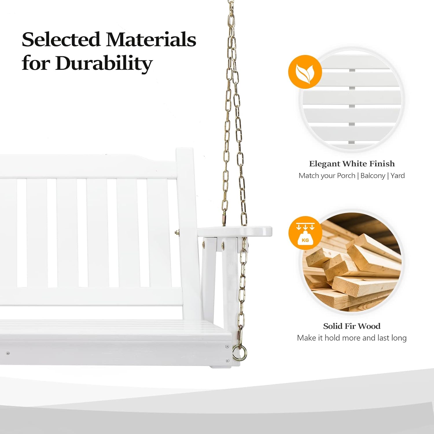 VINGLI Heavy Duty 880 LBS 4 FT Outdoor Porch Swing, Patio Hanging Swing Bench for Yard, White-VerdiqueGarden