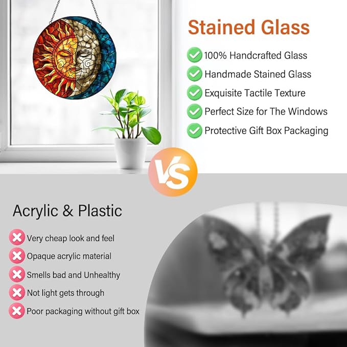 Sun and Moon Suncatcher Stained Glass Window Hanging - Handmade Stain Glass Suncatchers with Chain - Sun Catchers Indoor Window Glass Panel for Home Decor Garden Thanksgiving Valentines Day Gifts-VerdiqueGarden