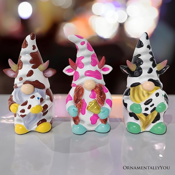 Spring & Summer-Themed Garden Statues – Adorable Outdoor Decor for Lawn, Patio & Porch (Cow Gnome Trio Mini Statue Set of Three, 5" Miniature Figurine and Unique Farm Resin Garden Statue)-VerdiqueGarden
