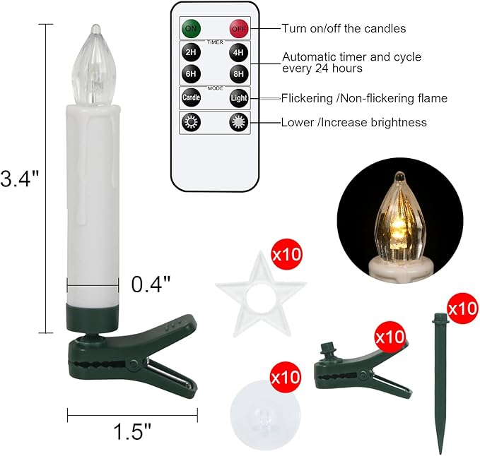 DRomance Christmas Tree Flameless Taper Candle Lights Battery Operated with 10-Key Remote and Timer, 10 Pack Plastic Flickering LED Taper Candles Multi-Using Home Garden Holiday Decor 3.4"-VerdiqueGarden