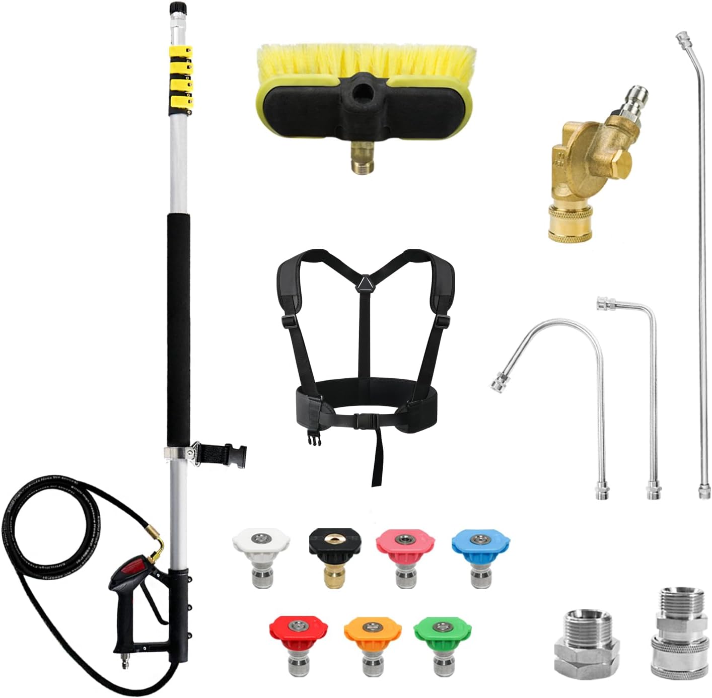RAYNEL 24FT Telescoping Pressure Washer Extension Wand with Brush Head, 2 Power Washer Extension Wands, Gutter Cleaner Attachment, 7 Spray Nozzle Tips, Support Belt and 2 Hose Adapters-VerdiqueGarden