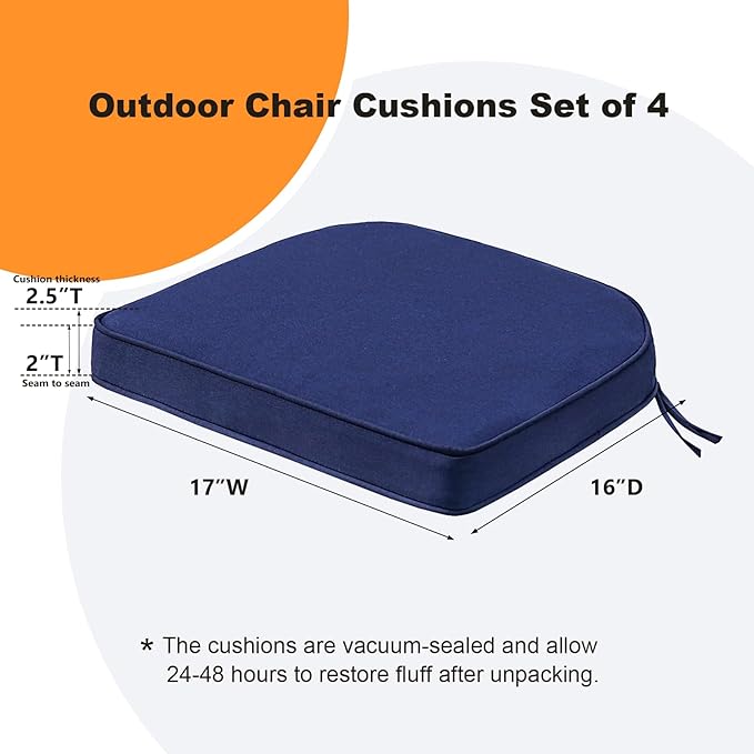Round Corner Seat Cushions, 17" x 16" x 2", Set of 4, Indoor Outdoor Water Repellent Universal Chair Pads with Ties for Patio Furniture, Garden Deck Dining Chairs, Navy-VerdiqueGarden