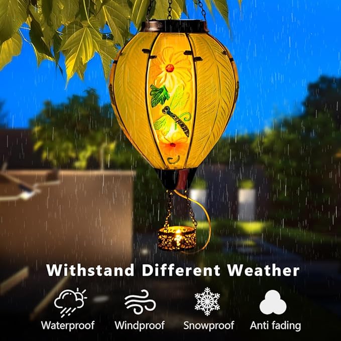 Starsoul Large Solar Hot Air Balloon Lantern with Flame Dragonfly Glass Hanging Outdoor Hot Air Balloon Solar Light Waterproof Garden Patio Yard Party Decorations-VerdiqueGarden