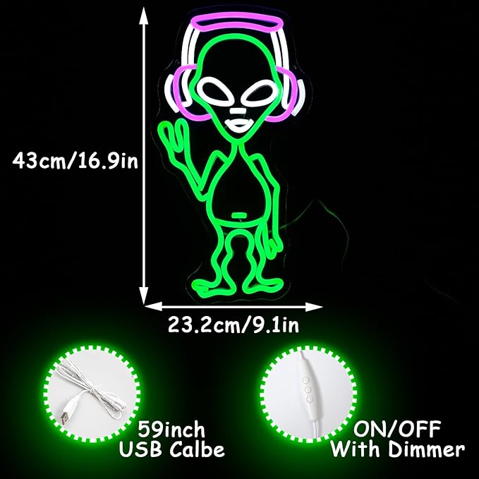 Alien Neon Sign for Wall Decor - Green Music Neon Light Dimmable Cool LED Light Up Sign for Music Studio, Game Room, Party, Bar, Man Cave Decoration-VerdiqueGarden