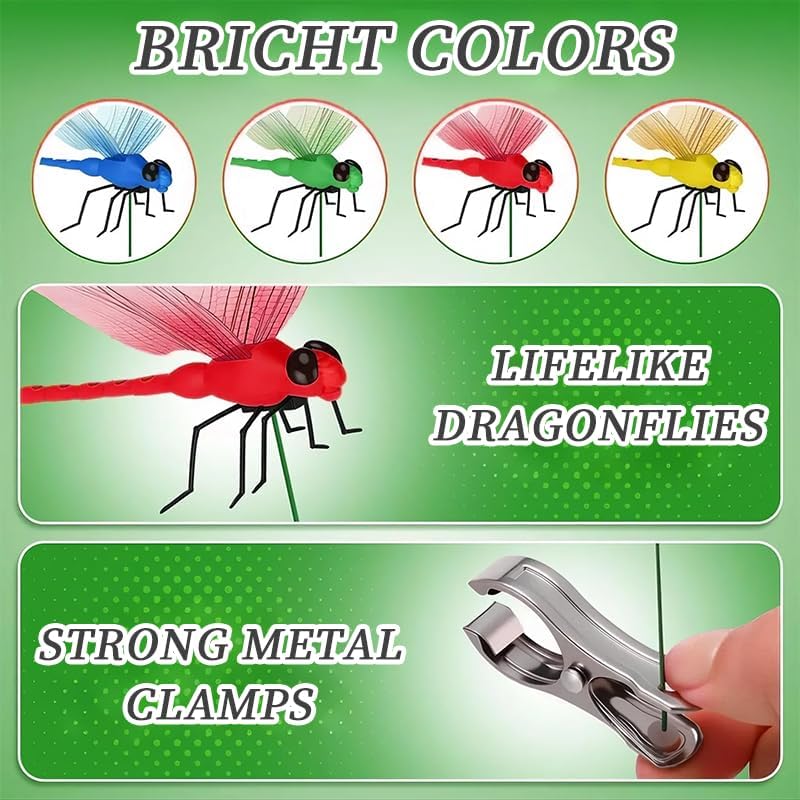 Indoor & Outdoor Fake Dragonfly Rod Clip, Dragonfly Clip Bug, 3D Artificial Dragonfly Hat Clips, Simulated Patio Decor Gardening, Multicolor Waterproof, Easy Attachment (8 Pcs)-VerdiqueGarden