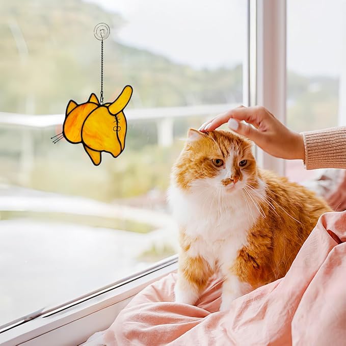 Orange Cat Decor Stained Glass Suncatcher for Window,Funny Cat Gifts for Cat Lovers Stained Glass Window Hanging,Cat Themed Gifts Cat Lovers Gifts for Women Girls Friends Mom-VerdiqueGarden