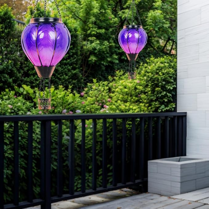 Starsoul Purple Hot Air Balloon Solar Lantern with Flickering Flame Light Glass Solar Powered Hot Air Balloon Lamp Waterproof Hanging Hot Air Balloon Led Lights-VerdiqueGarden