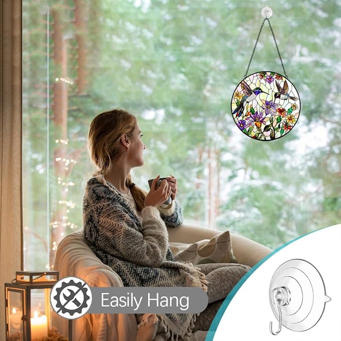 Hummingbird Suncatcher Stained Glass Window Hanging - Bird and Flowers Suncatchers for Windows - Sun Catchers Indoor Window Wall Art Home Decor Panel - Hummingbird Gifts for Women Men Mom Bird Lovers-VerdiqueGarden