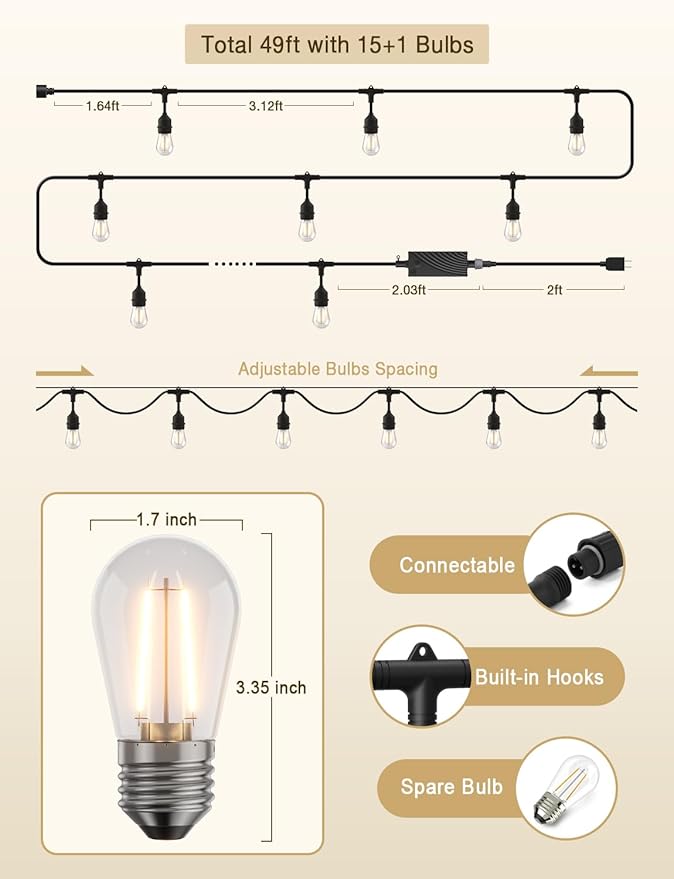 XMCOSY+ Smart Patio Lights 49Ft LED Outdoor String Lights Waterproof IP65, App Control, Compatible with Alexa, Dimmable Edison Bulbs Outdoor Light for Yard Porch Bistro Outside-VerdiqueGarden