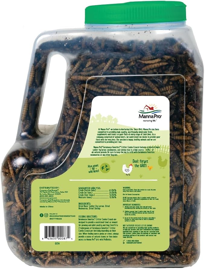 Manna Pro Farmhouse Favorites Critter Combo Crunch Bug Jug – Engaging Poultry Treat – Blend of Black Solider Fly Larvae, Mealworms & Shrimp – Great Source of Protein – Encourages Foraging – 25oz-VerdiqueGarden