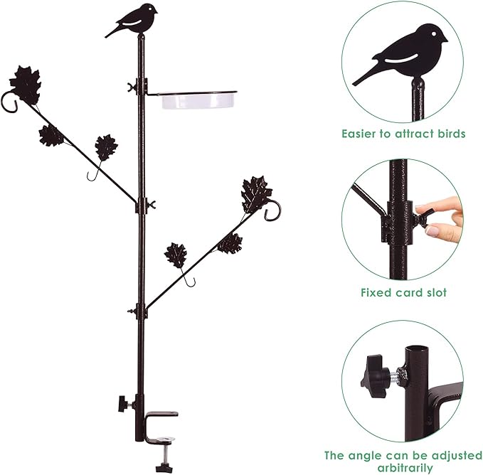 Urban Deco Deck Pole Porch Multi-Hook Bird Feeder Hooks for Deck Kit with Feeder Polyester and with 2 Adjustable Branches and Plastic Water Bowl-VerdiqueGarden