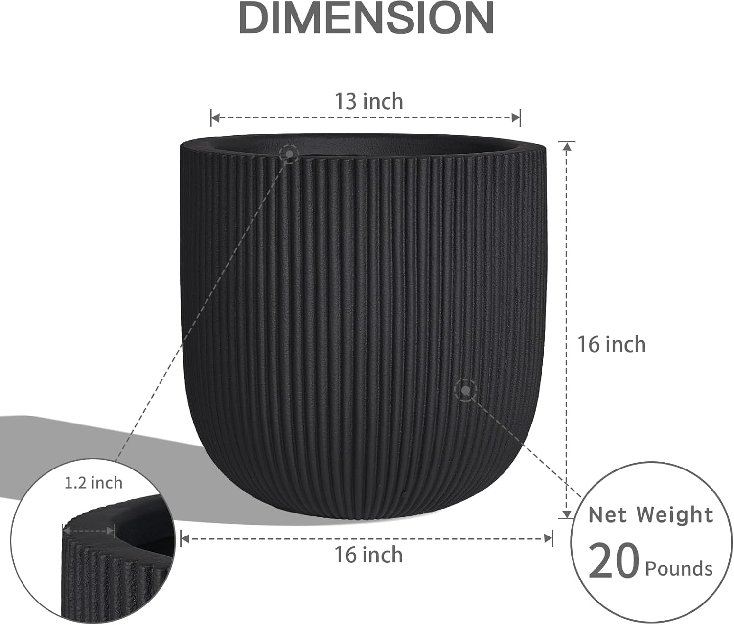 16 Inch Handmade Concrete Outdoor Planter - Classic Striped Design | Fiberglass & Composite Material | Durable for Commercial & Home Decor-VerdiqueGarden