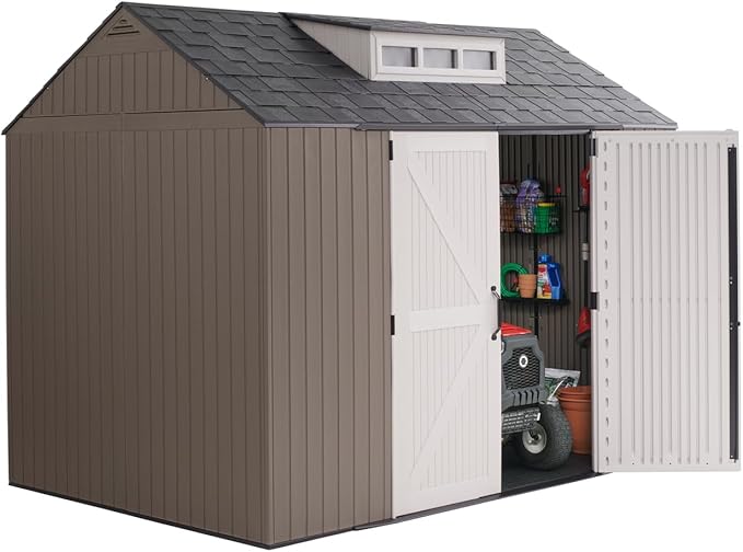 Rubbermaid Extra Large Resin Outdoor Storage Shed With Floor (7 x 10.5 Ft.) Weather Resistant Brown Organization for Home/Lawn Mower/Backyard Equipment/Bike Storage/Pool Supplies-VerdiqueGarden