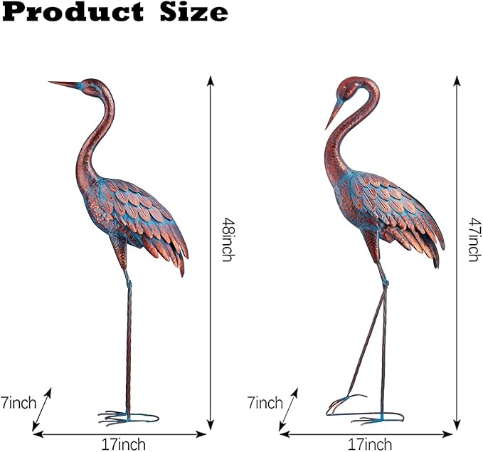 Kircust Garden Crane Statues Patina Heron Decoy, Standing Metal Crane Sculptures Bird Yard Art for Outdoor Decor, 47-48 Inch, Set of 2-VerdiqueGarden