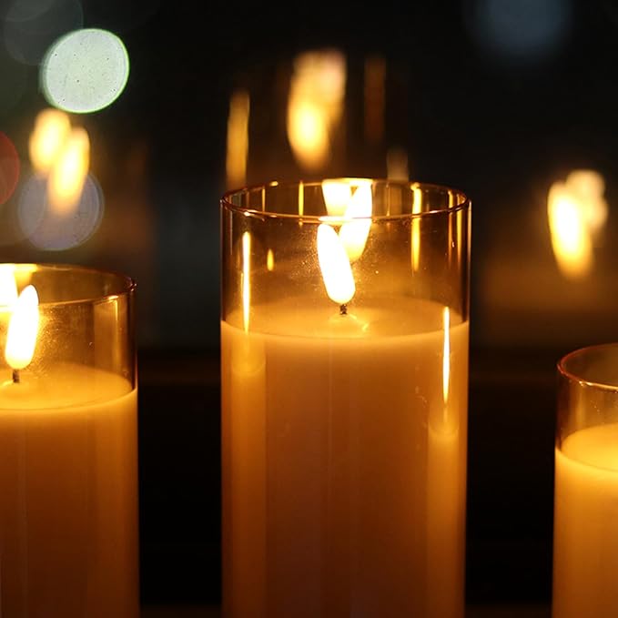 Glass Flameless Candles with Remote Timer,LED Candles Flickering Battery Operated with 3D Wick,Candle Holders Table Centerpiece Decoration for Home Wedding Birthday Festival(Gold)-VerdiqueGarden