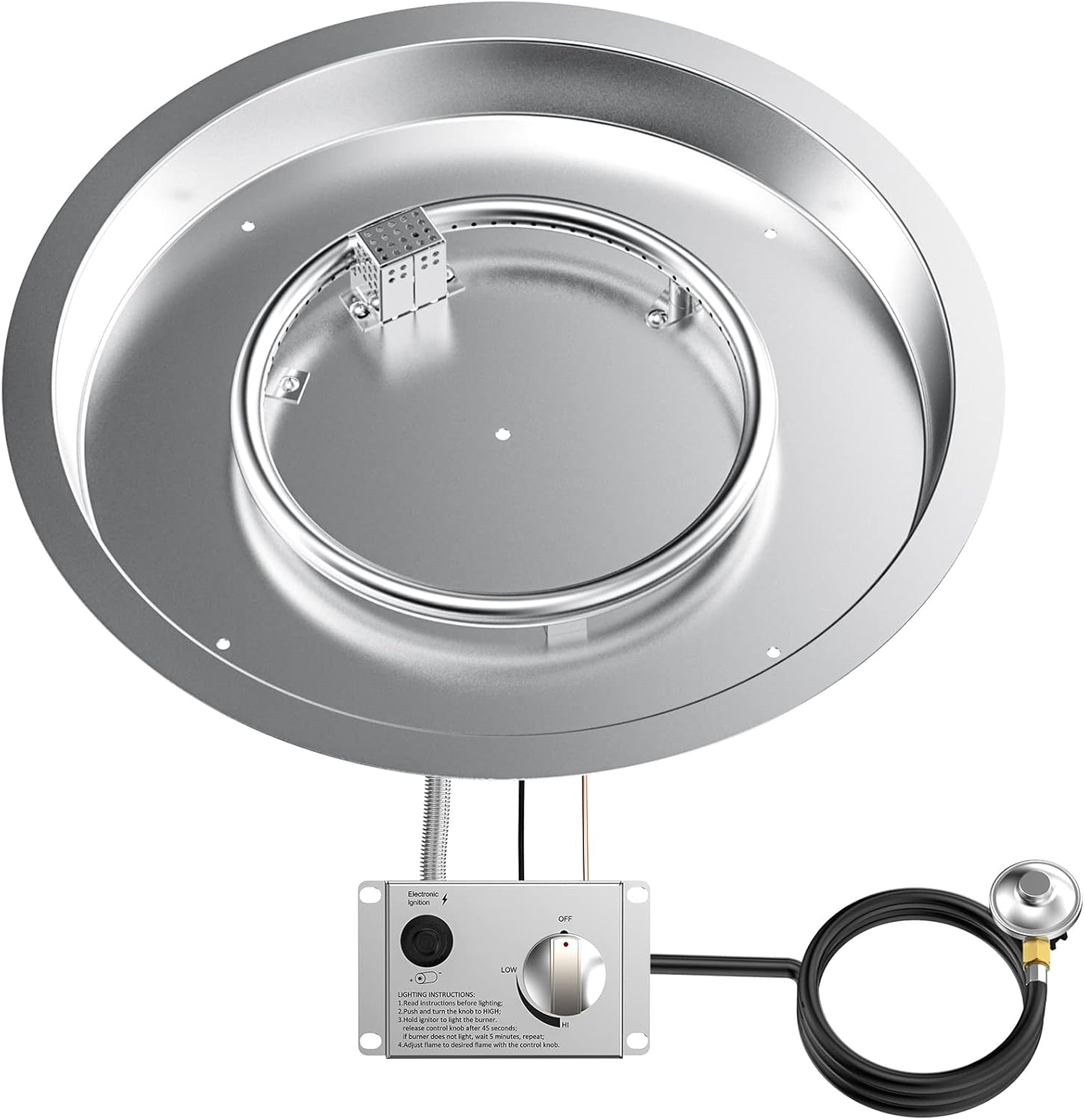Skyflame 19" Round Stainless Steel Fire Pit Drop-in Burner Kit with CSA Certified, Flame Sensing, Electronic Spark Ignition, Propane Regulator Connector Hose Set for Propane Tank-VerdiqueGarden