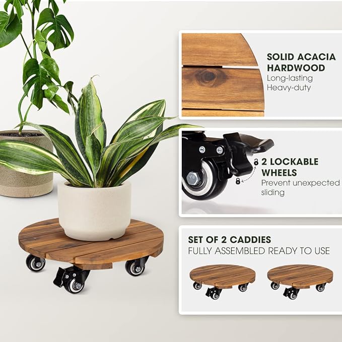 Idzo 2pack Wood Plant Caddy With Wheels Heavy Duty, 264 Lbs Capacity, 12 Inch Acacia Hardwood Plant Dolly, Plant Stand with 360° Lockable Wheels, Plant Caster for Heavy Objects Hauling - Natural Wood-VerdiqueGarden