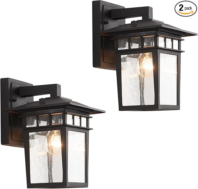 Outdoor Wall Lantern, Exterior Lighting Fixtures Wall Mount, 2 Pack Black Outdoor Sconce with Seeded Glass, Exterior Porch/Patio Lights for House Front Door Garage-VerdiqueGarden