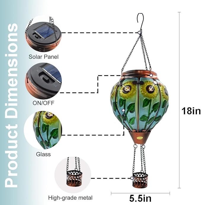 Hot Air Balloon Solar Lantern with Flickering Flame, Glass Hanging Garden Lights Outdoor Waterproof for Tree Yard Patio Mother's Day Gift, 18" H Sunflower-VerdiqueGarden