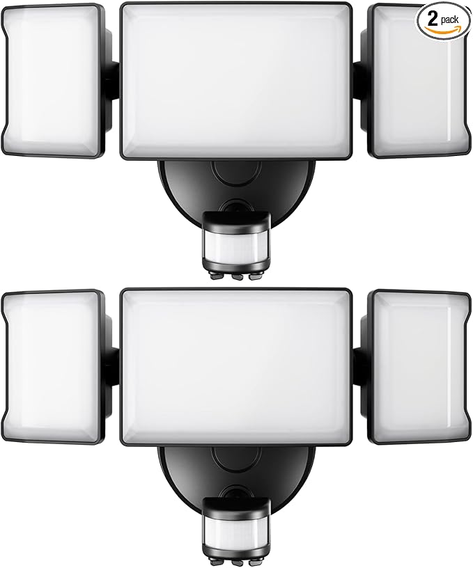 Olafus 65W Motion Sensor Outdoor Light, 2 Pack LED Security Light 6000LM, 6500K Exterior Motion Flood Light with 3 Adjustable Heads, for Outside Garage, Yard, Patio, IP65 Waterproof, Black-VerdiqueGarden