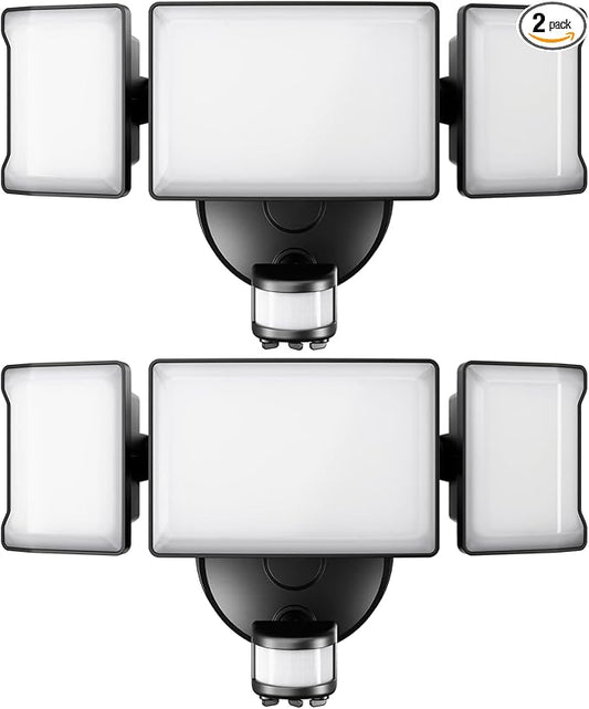 Olafus 65W Motion Sensor Outdoor Light, 2 Pack LED Security Light 6000LM, 6500K Exterior Motion Flood Light with 3 Adjustable Heads, for Outside Garage, Yard, Patio, IP65 Waterproof, Black-VerdiqueGarden