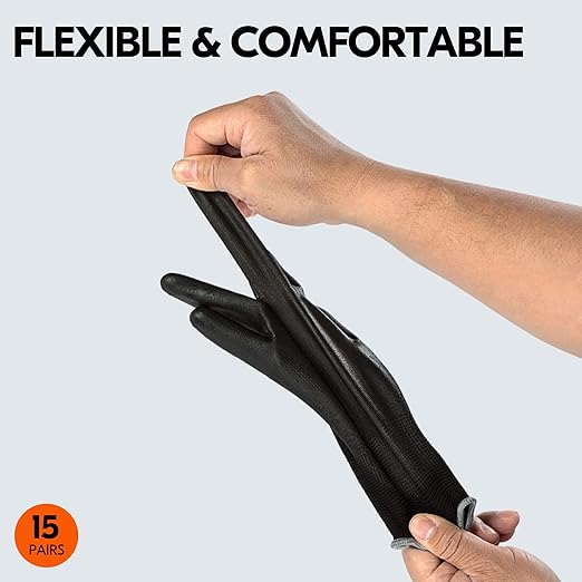 Vgo... 15-Pairs Safety Work Gloves, Gardening Gloves, Polyurethane Coated, Dipping Gloves, Latex Free (Size L, Black, PU2103)-VerdiqueGarden