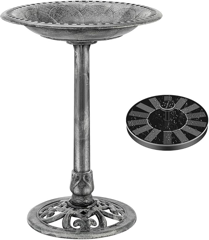 VIVOHOME Polyresin Antique Outdoor Gray Garden Bird Bath and Solar Powered Round Pond Fountain Combo Set-VerdiqueGarden