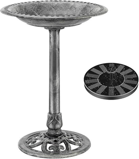 VIVOHOME Polyresin Antique Outdoor Gray Garden Bird Bath and Solar Powered Round Pond Fountain Combo Set-VerdiqueGarden
