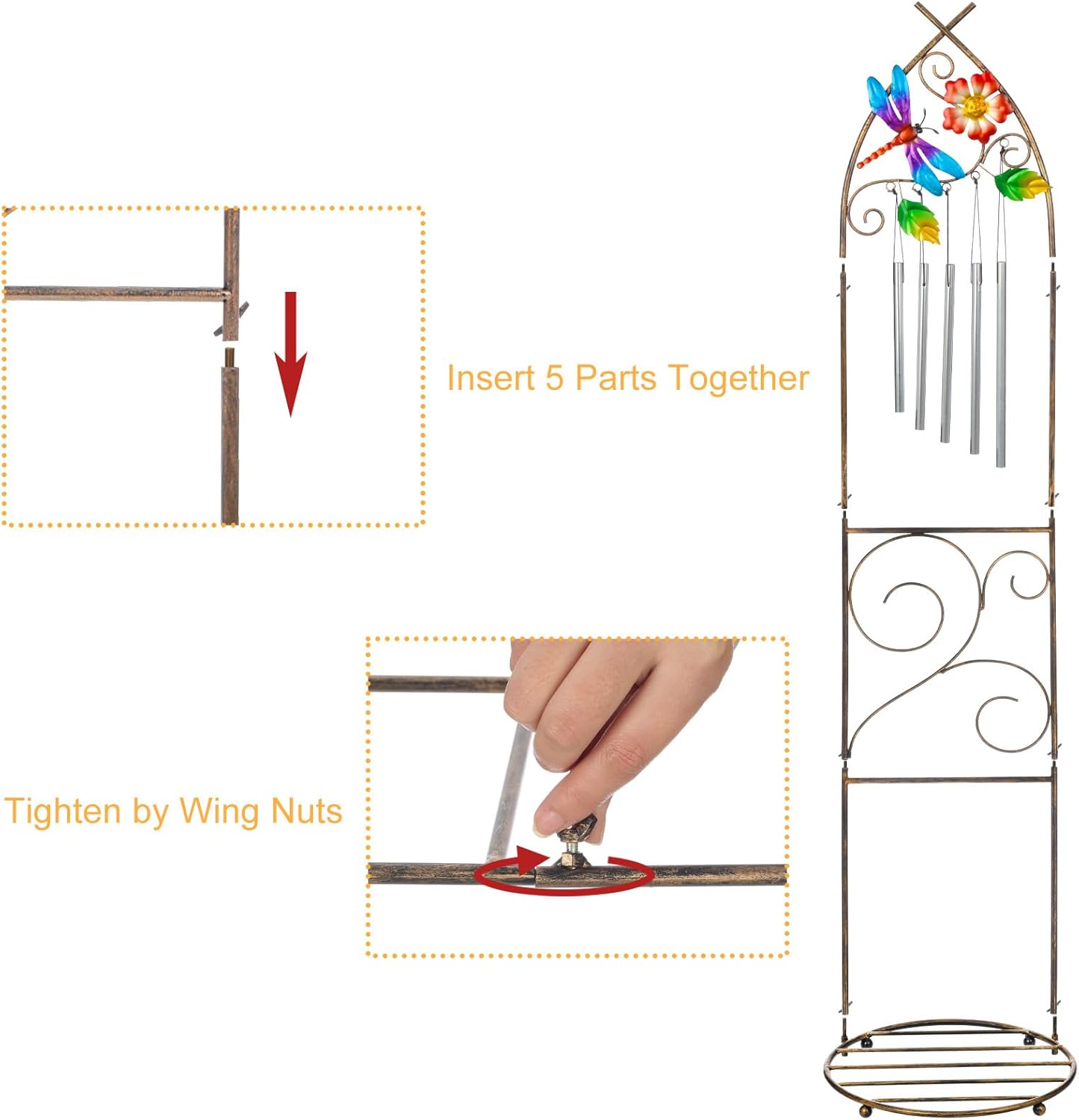 Garden Trellis with Plant Stands, 48” Metal Detachable Dragonfly Plant Pot Trellis with Wind Chimes for Climbing Plants Outdoor Lawn Patio Porches Decor-VerdiqueGarden