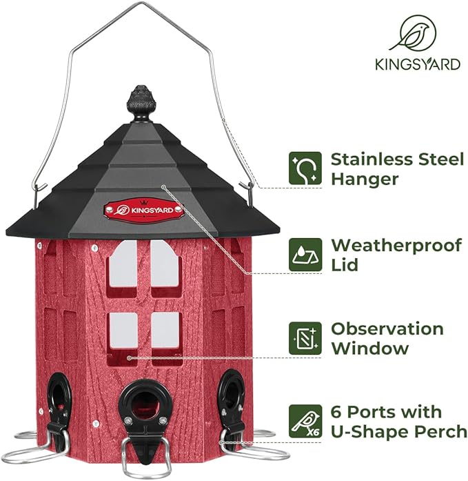 Kingsyard Wild Bird Feeder for Outdoor Hanging, Recycled Plastic Bird Feeders with 6 Ports & U-Shape Perch, Garden Yard Outside Decoration, 3.5 lbs Seed Capacity, Red-VerdiqueGarden