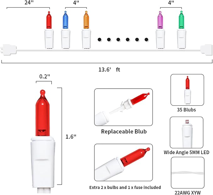 Multicolor Christmas LED Lights - 35 Count Multi-Colored Christmas String Lights for Small Tree, Crafts, Holiday, Indoor/Outdoor Decorations, 11 Feet White Wire, UL Certified, Connectable-VerdiqueGarden