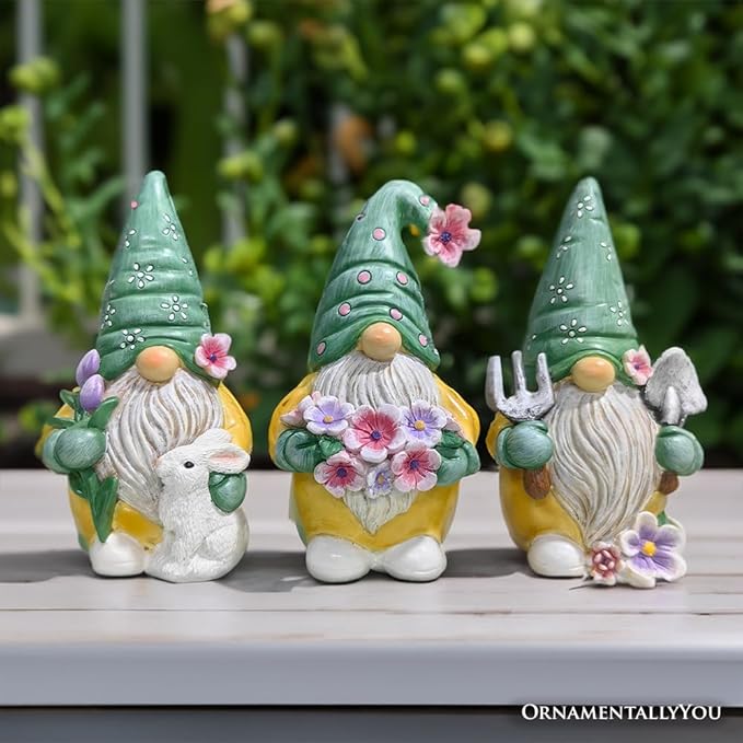 Garden Guardians Set of Three 6" Gardening Gnome Figurines, Floral Green and Yellow Statue Decor-VerdiqueGarden