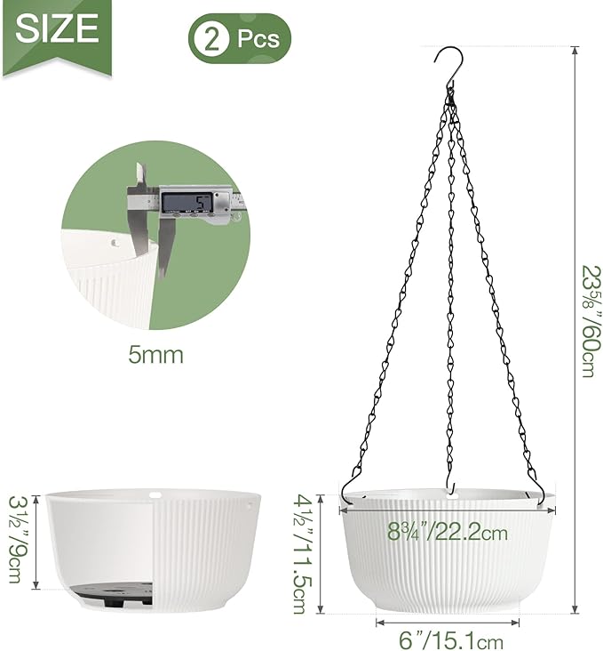 T4U Hanging Planter Self Watering 8 Inch, 2 Pack White Indoor Outdoor Hanging Plant pots, Hanging Flower Pot with Drainage Hole & Plug & Chain with 3 Hooks for Garden Home Decor-VerdiqueGarden