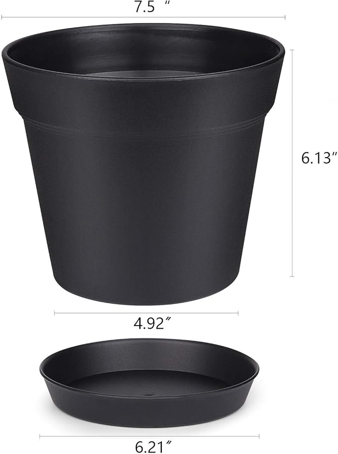 Homenote Pots for Plants, 8 Pcs 7.5 Inch Plastic Planters with Multiple Drainage Holes and Tray - Plant Pots for All Home Garden Flowers Succulents, Matte Black-VerdiqueGarden