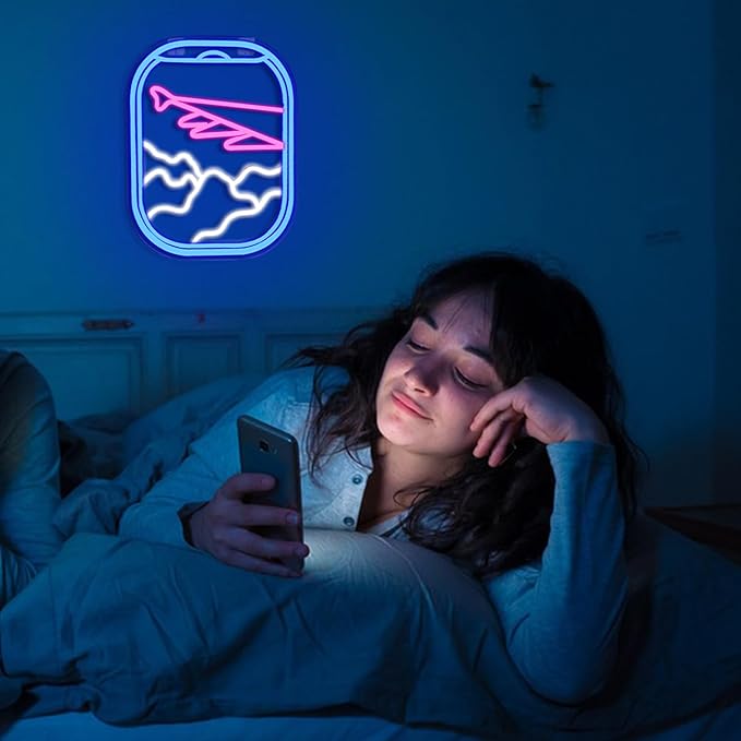 WLHOPE Airplane Window View Neon Signs Blue Pink LED Neon Sign for Wall Decor, USB Plane Window Clouds Neon Light Up Signs for Bedroom Living Room Game Room Office Shop Airport Wall Art Decor-VerdiqueGarden